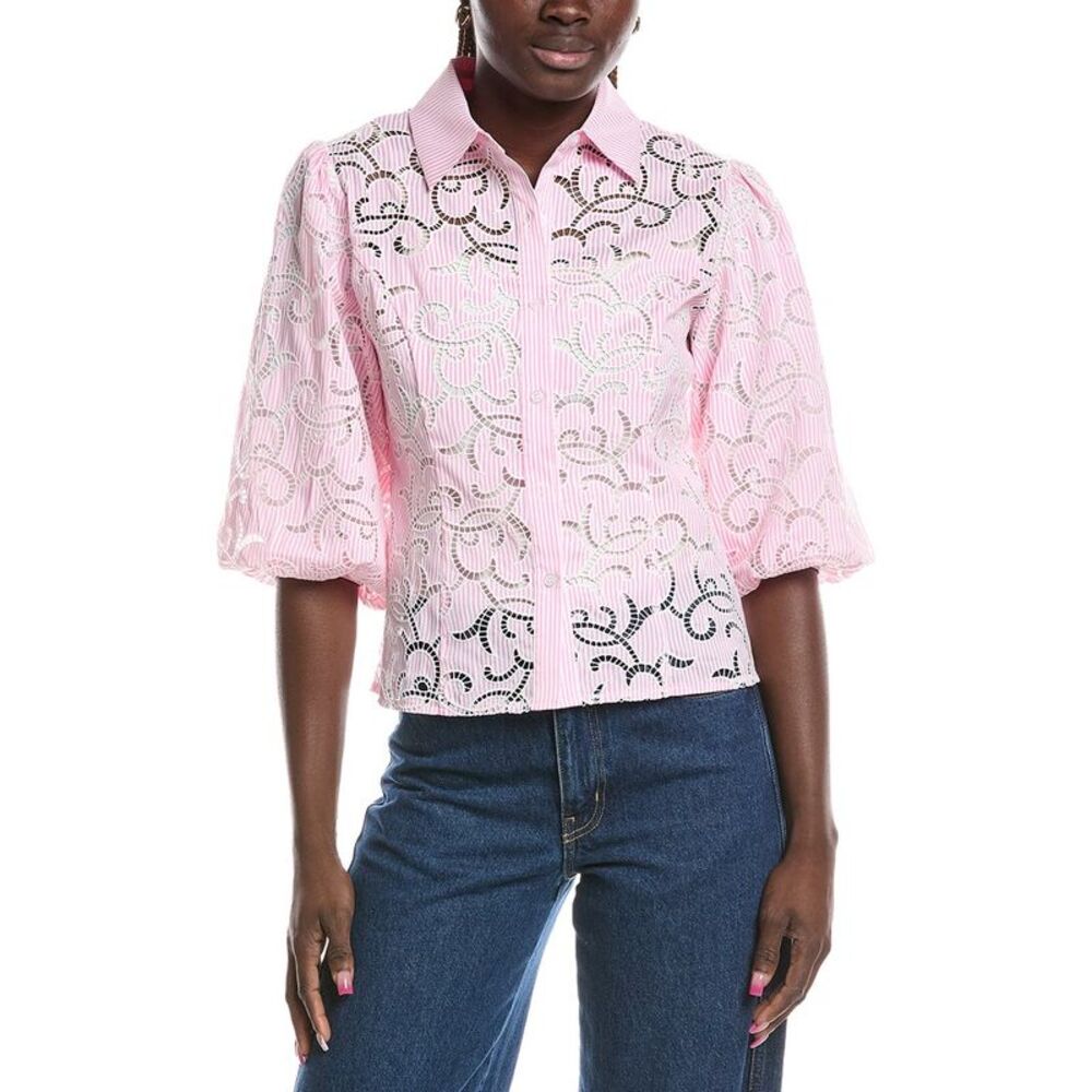 Gracia Womens Floral Lace Puff Sleeve Top